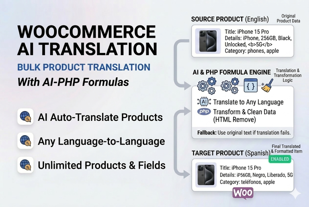 WooCommerce AI translation workflow - bulk translate 5000+ products from Latvian to English in 30 minutes using Bootflow importer