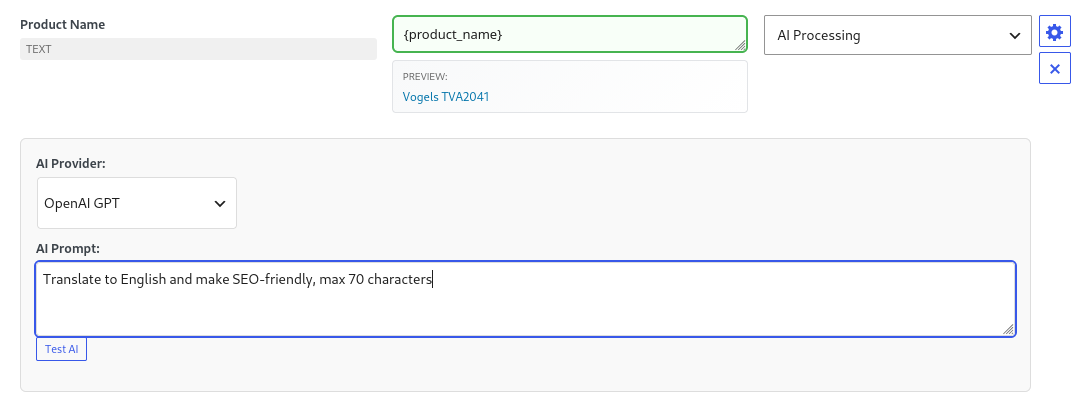AI translation prompt configuration in Bootflow Product Importer - OpenAI GPT translating WooCommerce product names to English