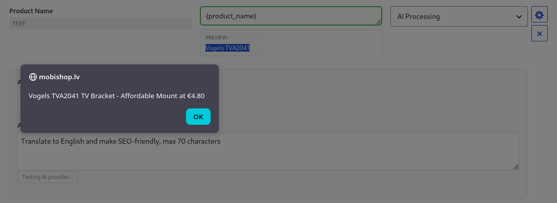 AI translation test results showing WooCommerce product name transformed from "Vogels TVA2041" to SEO-optimized English description