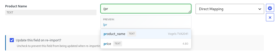 Bootflow Product Importer field mapping interface with autocomplete showing product_name and price fields for WooCommerce import