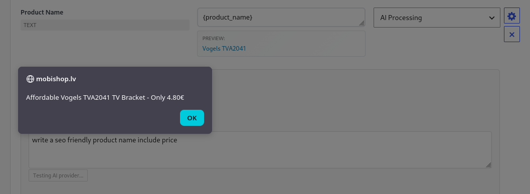 AI transformation preview showing how basic product data becomes SEO-optimized product title with pricing