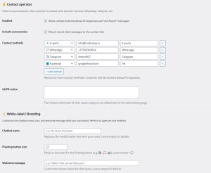 Screenshot of contact operator and white-label branding settings for WooCommerce