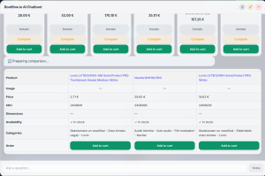 Screenshot of WooCommerce product comparison table in AI chatbot