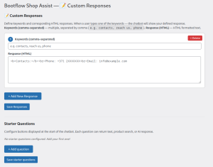 Screenshot of custom responses and starter questions settings for WooCommerce