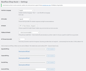 Screenshot of AI model and API key configuration settings for WooCommerce