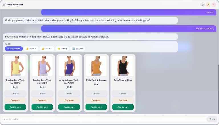Screenshot of AI-powered product recommendations in WooCommerce chatbot