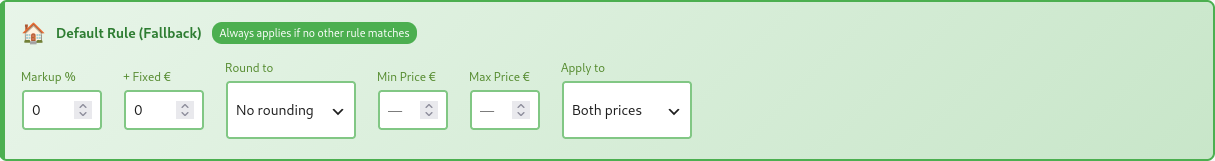 WooCommerce default fallback pricing rule settings panel in Bootflow PRO