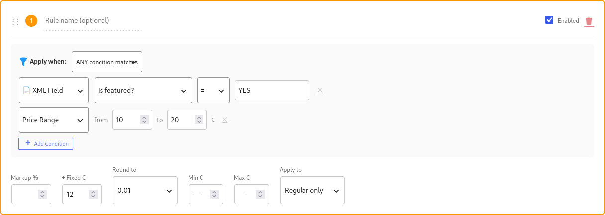 Advanced conditional pricing rule settings with custom XML field conditions in Bootflow PRO