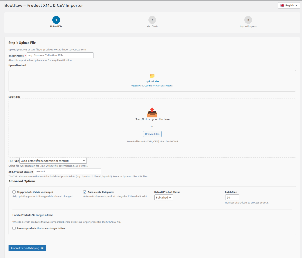 Bootflow WooCommerce product XML and CSV importer plugin file upload wizard step 1 dashboard screenshot