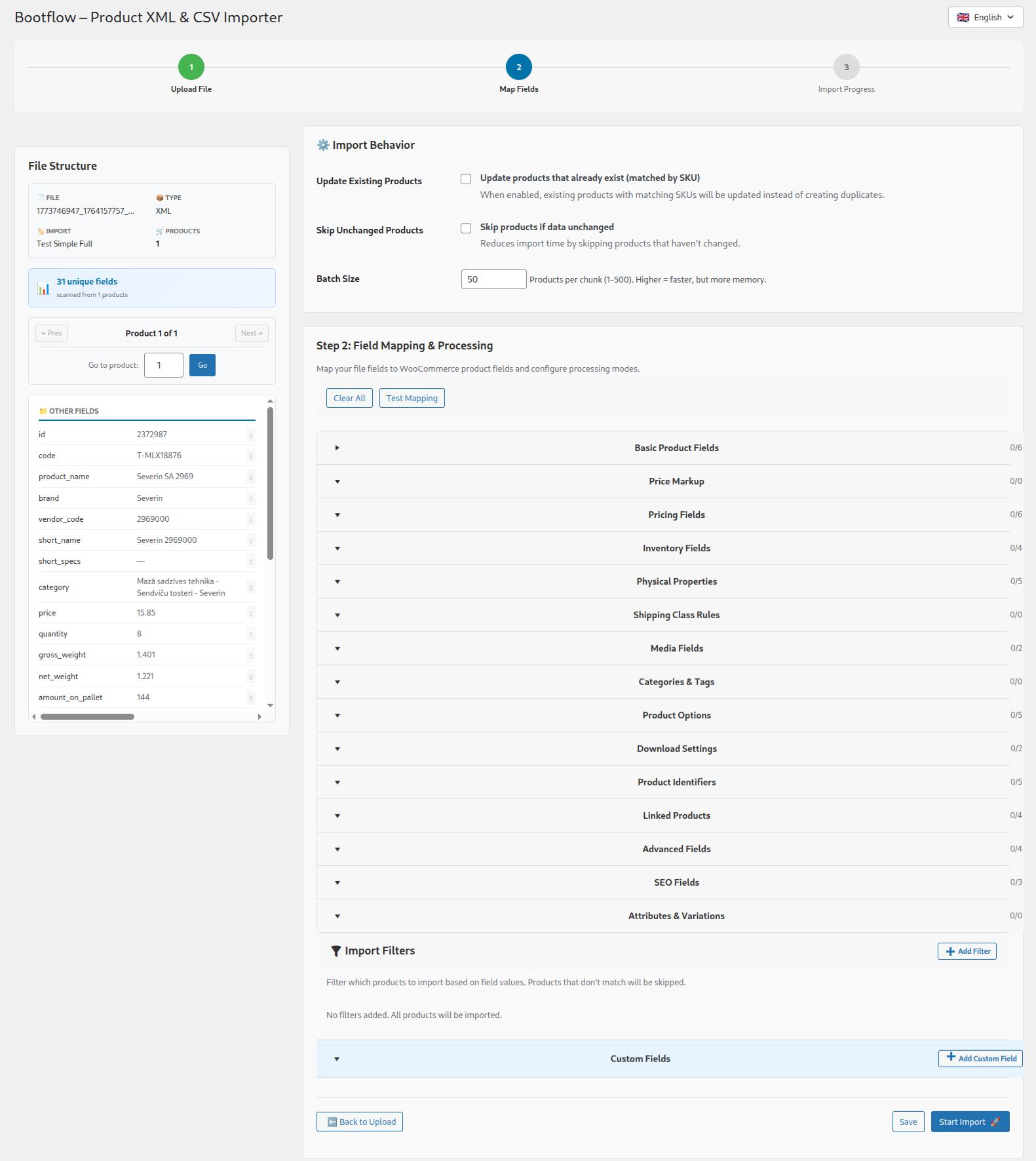 Field mapping interface — map XML nodes to WooCommerce fields