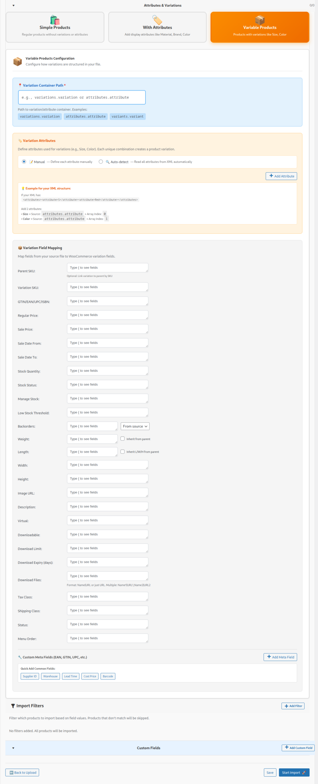 Variable products configuration — attributes and variations from XML or CSV