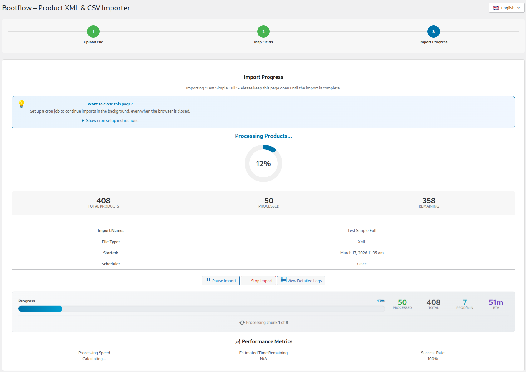 Import progress bar — real-time stats, products per minute